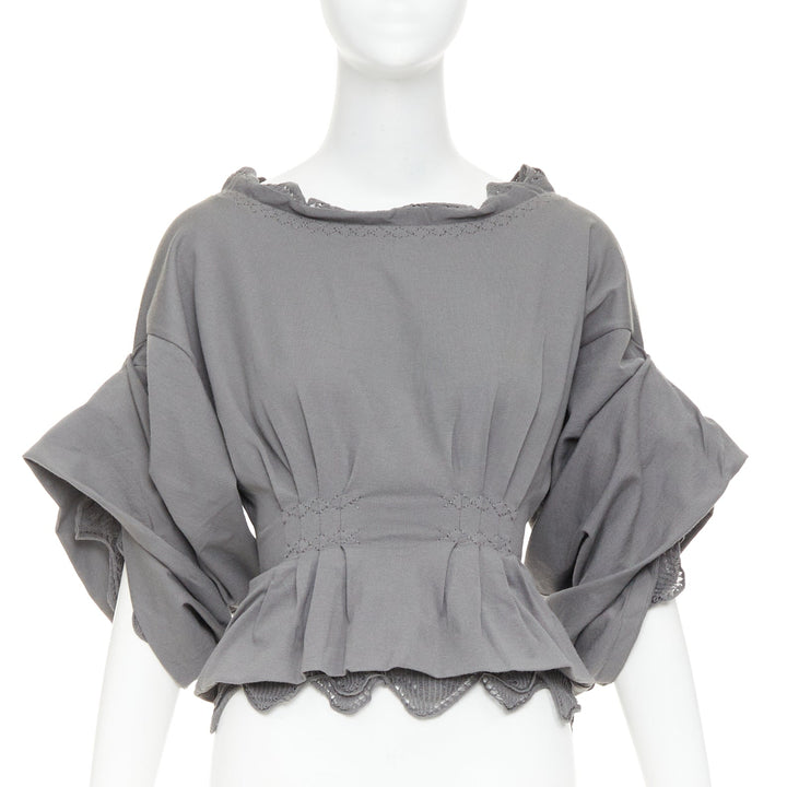 YVES SAINT LAURENT Stefano Pilati grey mesh ruffle ruched smocked peplum top M