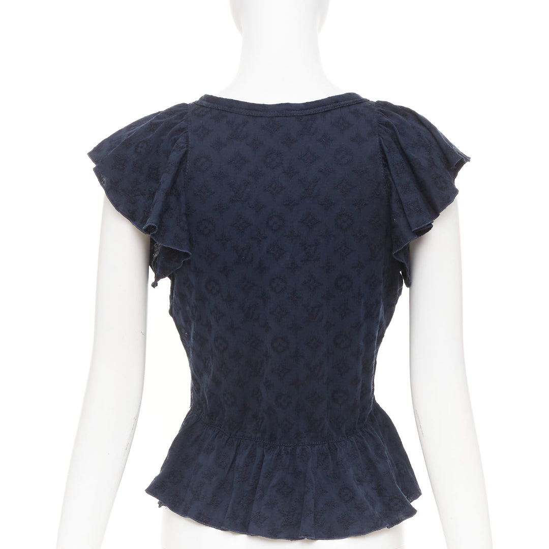 LOUIS VUITTON black monogram denim ruffle keyhole cap sleeve peplum blouse S