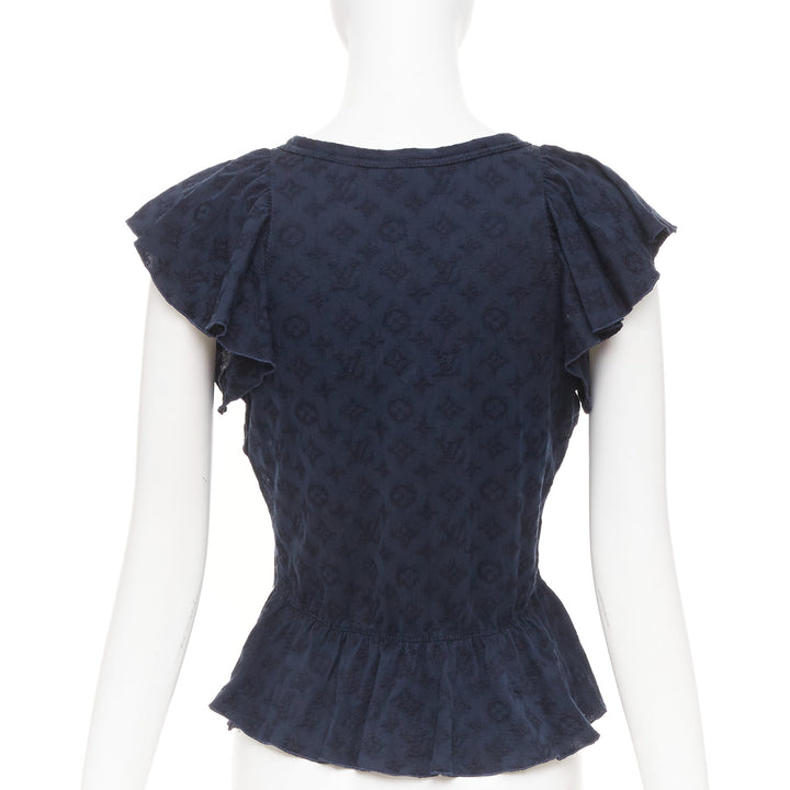 LOUIS VUITTON black monogram denim ruffle keyhole cap sleeve peplum blouse S