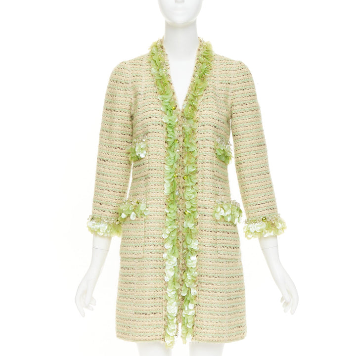 MARC JACOBS Runway green cream wool tweed boucle glass pailette coat US0 XS