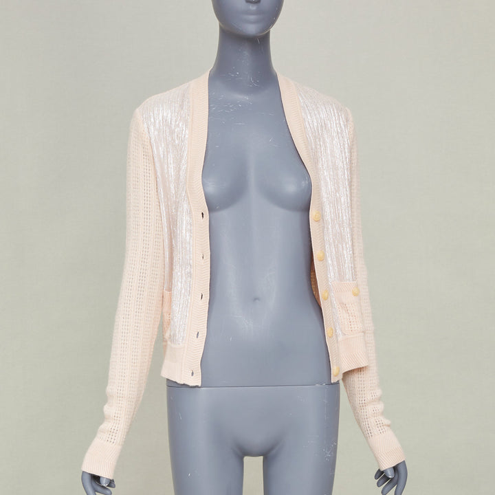 NINA RICCI silver metallic foil panel beige cashmere silk cardigan sweater IT40