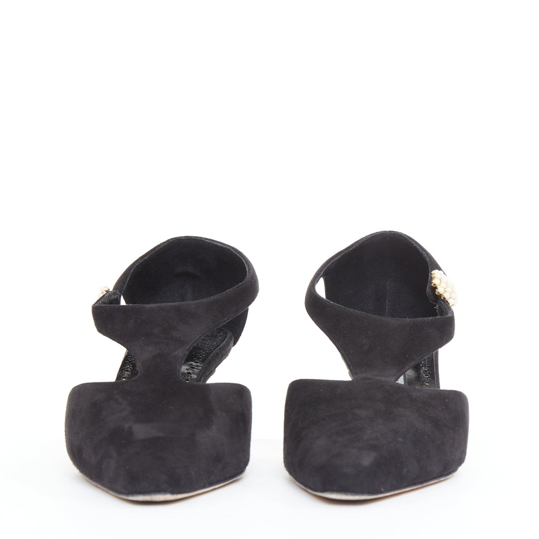 MANOLO BLAHNIK Shufta 50 black suede pearl button kitten heels EU37