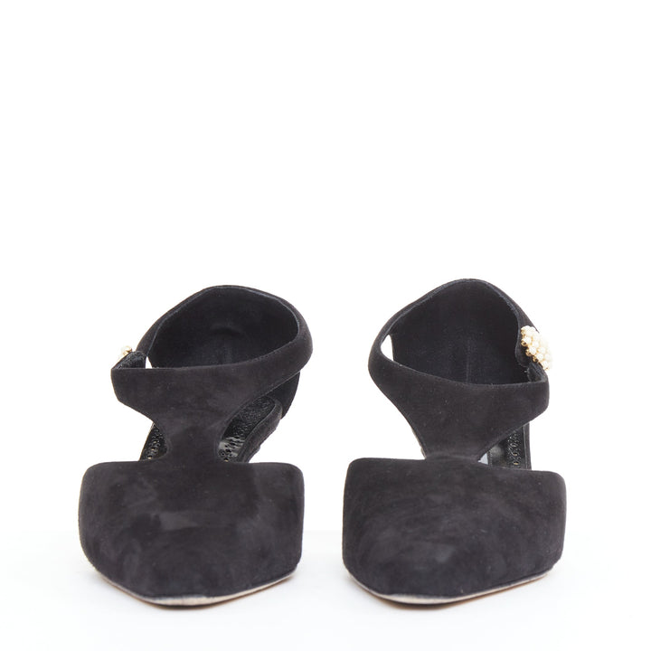 MANOLO BLAHNIK Shufta 50 black suede pearl button kitten heels EU37