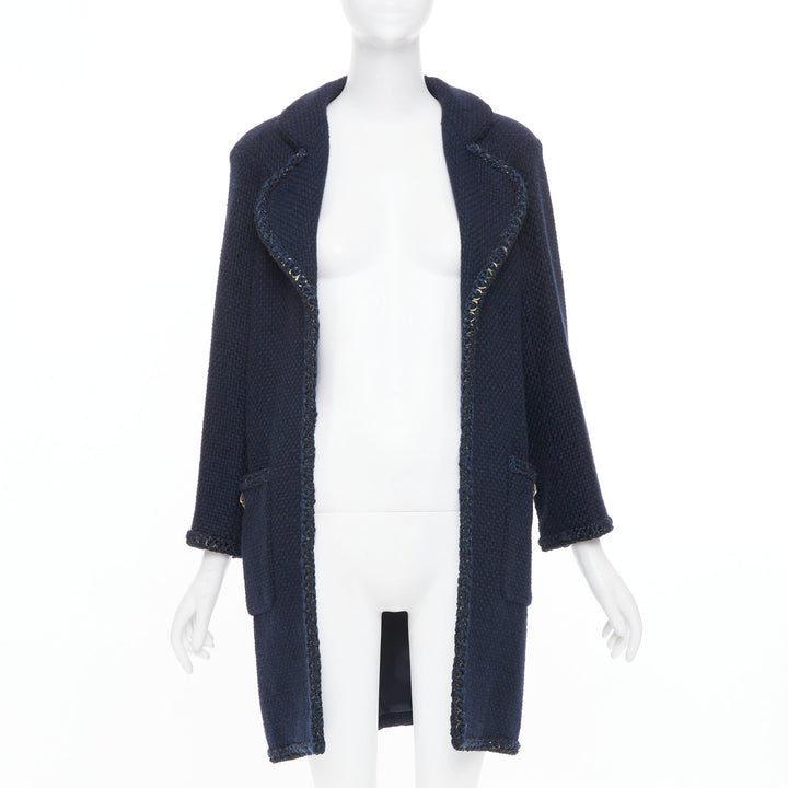 CHANEL 2015 Paris Salzburg navy alpaca blend braid trim open tweed coat FR34 XS
