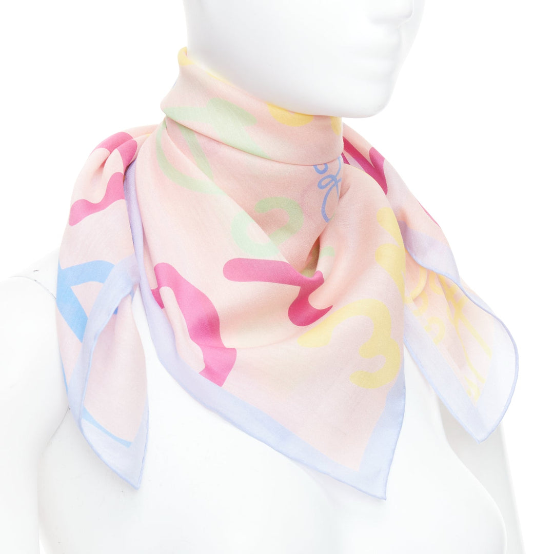 LOEWE pink patel multicolor cotton silk logo print square scarf