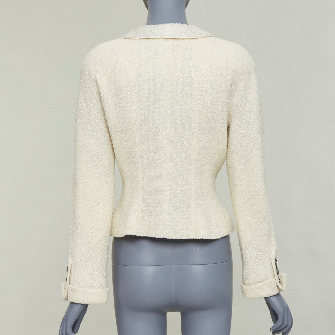 VALENTINO BOUTIQUE Vintage cream wool tweed beaded collar contour bar jacket US8