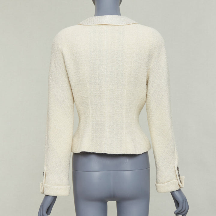 VALENTINO BOUTIQUE Vintage cream wool tweed beaded collar contour bar jacket US8