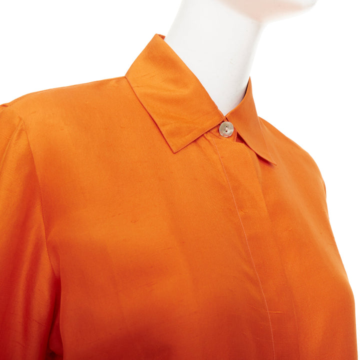 SHANGHAI TANG orange raw silk hidden placket long sleeve shirt trousers set XS