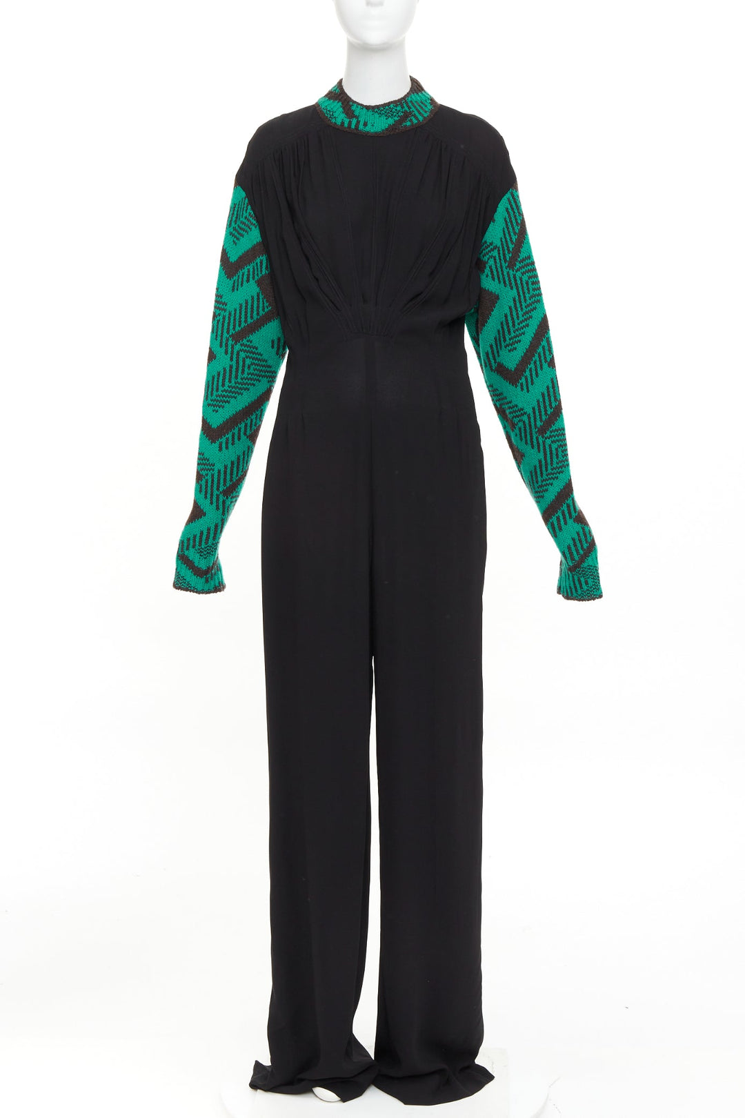 PRADA 2021 Runway black sable green jacquard wool knit pleated jumpsuit IT38 XS