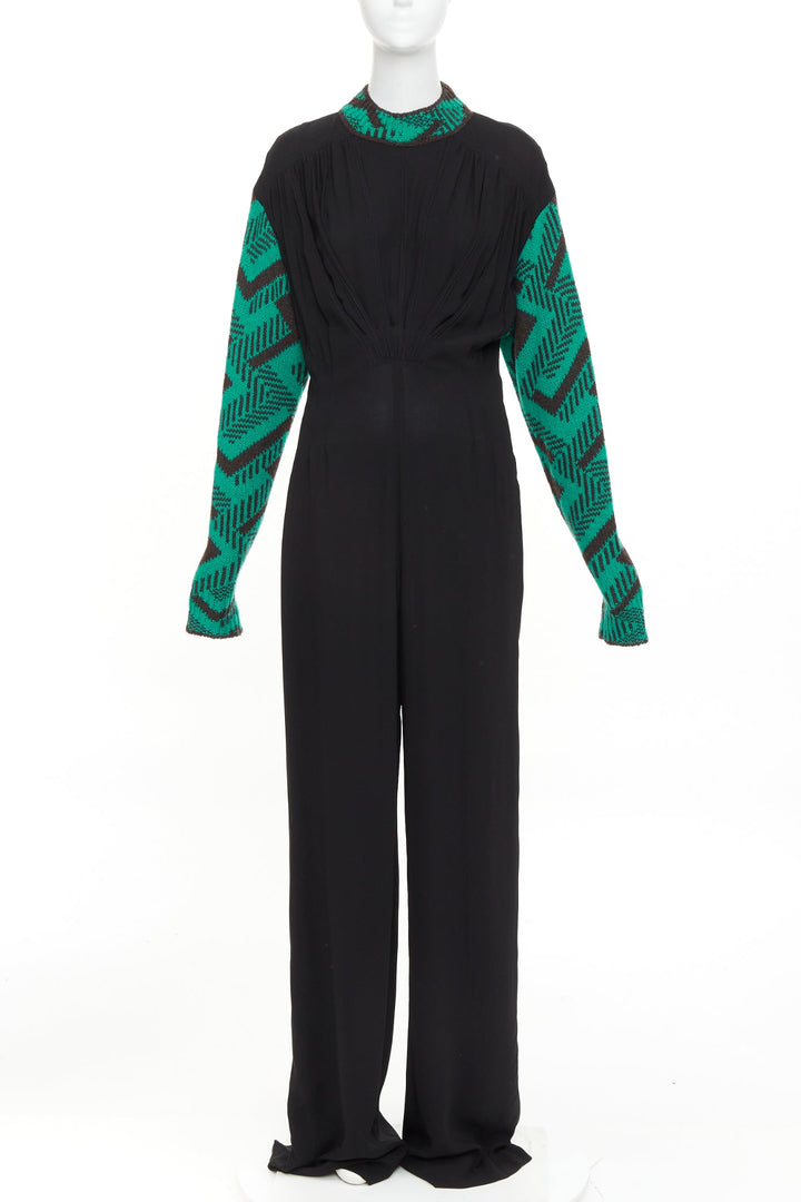 PRADA 2021 Runway black sable green jacquard wool knit pleated jumpsuit IT38 XS