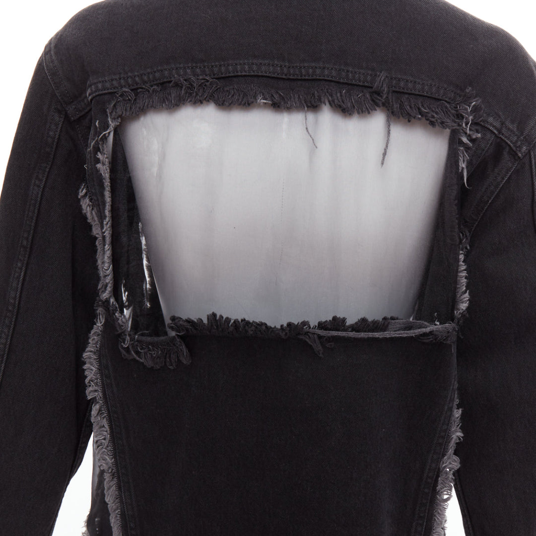 OFF WHITE black denim organza mesh panel frayed jacket XS