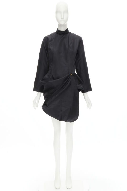 COMME DES GARCONS 1980's Vintage black curved cut button draped skirt dress S