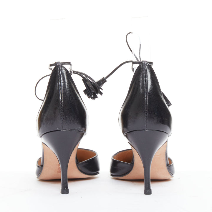 MANOLO BLAHNIK black calf leather nude pearl embellished tstrap heels EU36.5