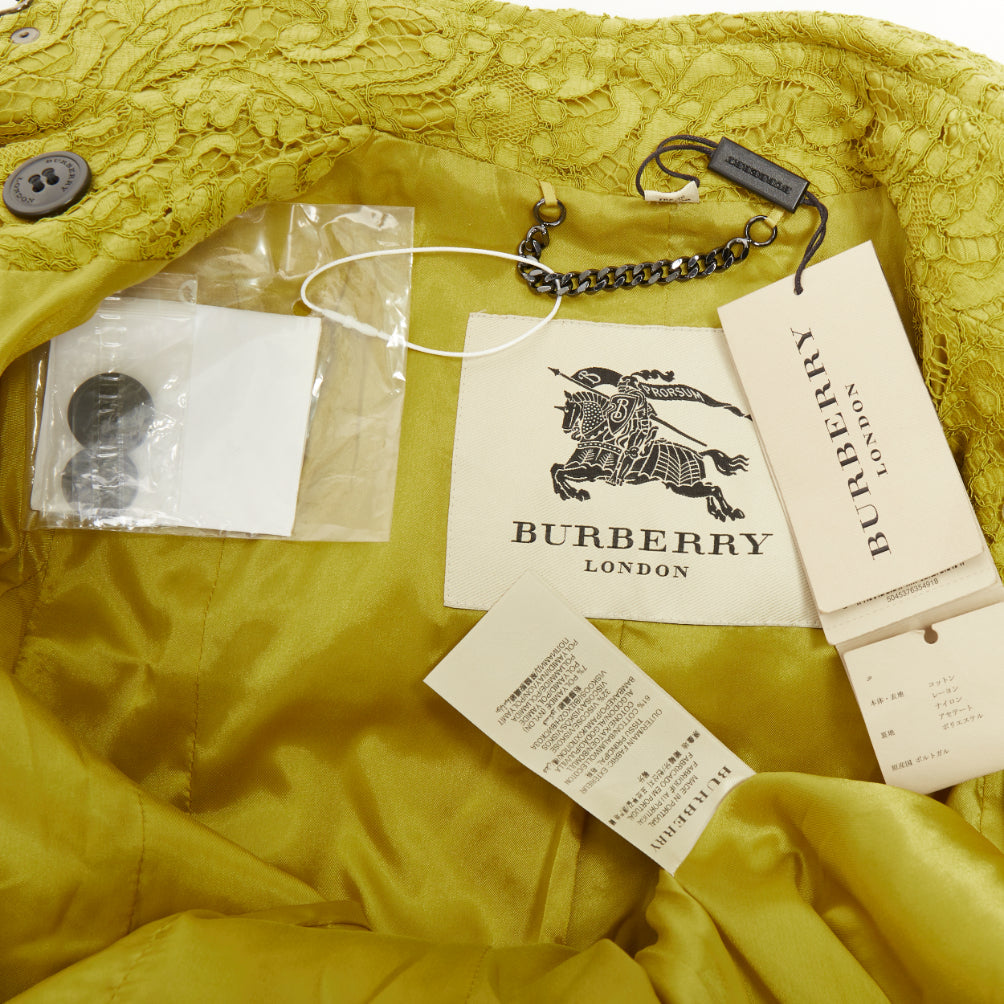 BURBERRY 2013 chartreuse mustard lime macrame lace double breasted trench UK6 XS