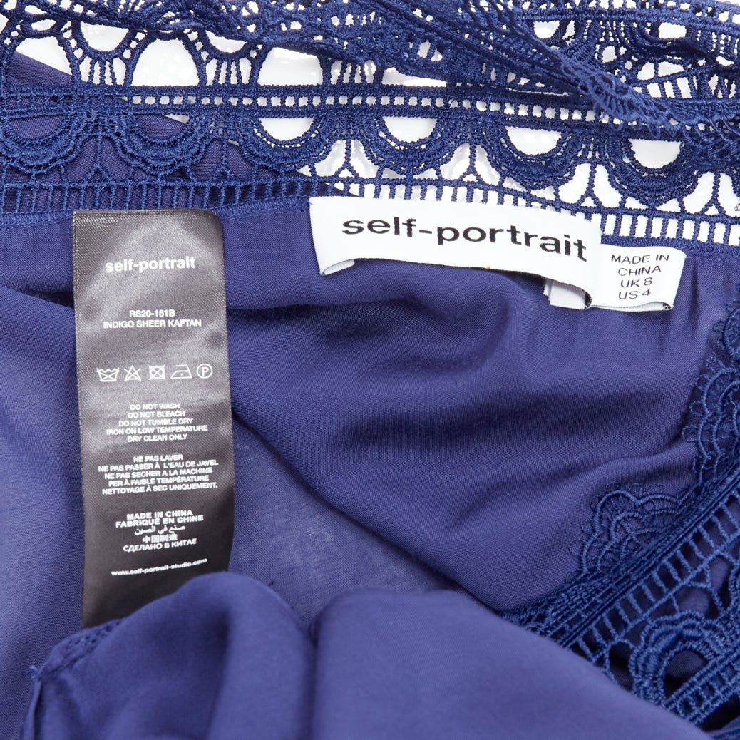 SELF PORTRAIT blue embroidery anglais tie front midi kaftan dress UK8 S