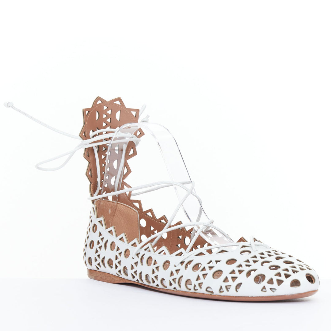 ALAIA Vienne white leather laser cut perforated lace up ballerina flats EU37