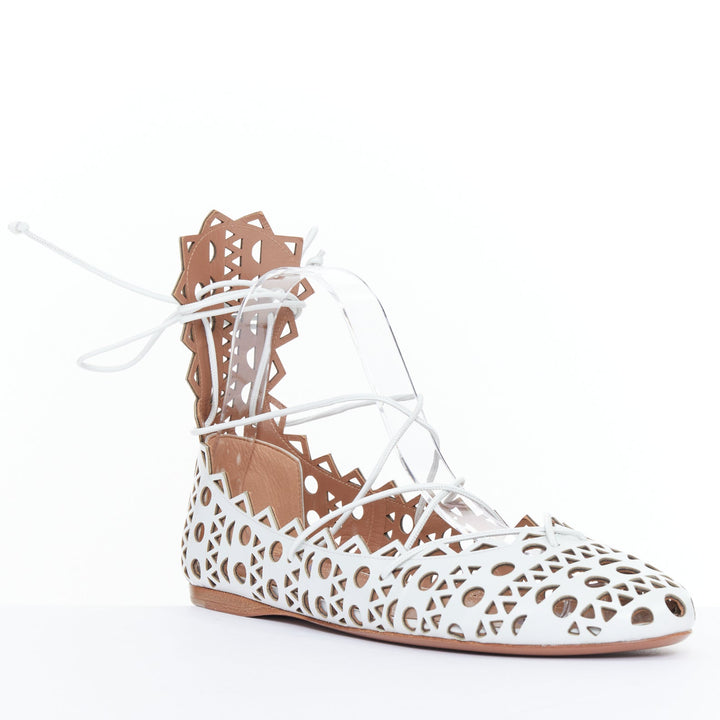 ALAIA Vienne white leather laser cut perforated lace up ballerina flats EU37
