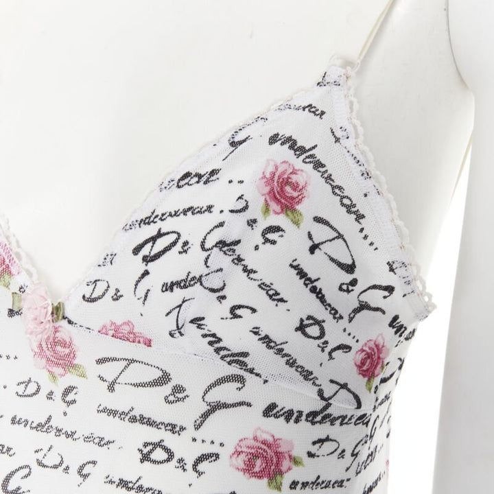 D&G DOLCE GABBANA Underwear white logo rose mesh lace trim cami tank top M