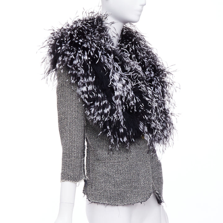 LIBERTINE handmade black white feather collar herringbone tweed jacket