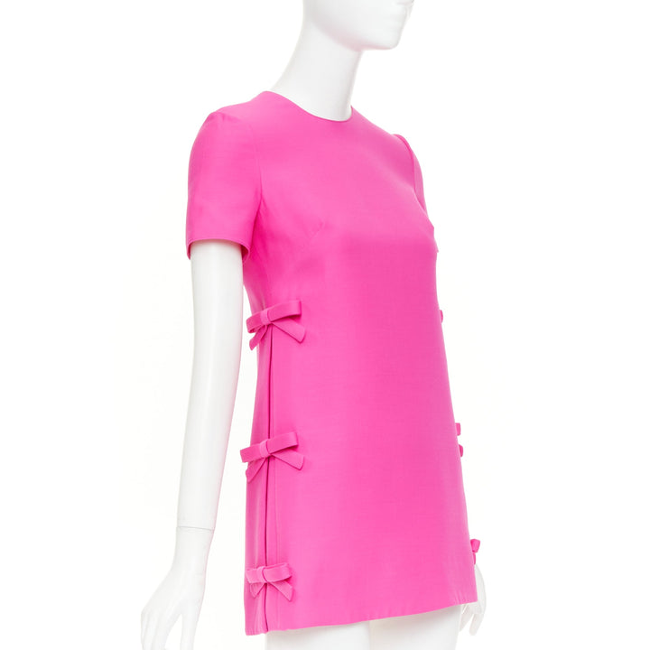 VALENTINO 2022 Runway PP Pink wool silk bow embellishment crew mini dress IT36