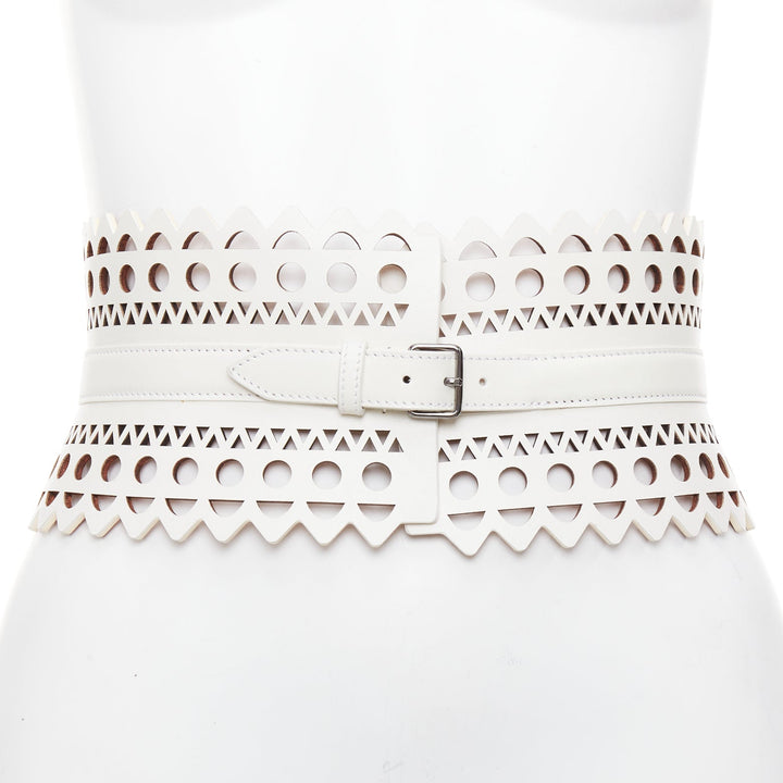 ALAIA white leather geometric cut out scallop edge wide corset belt 65cm
