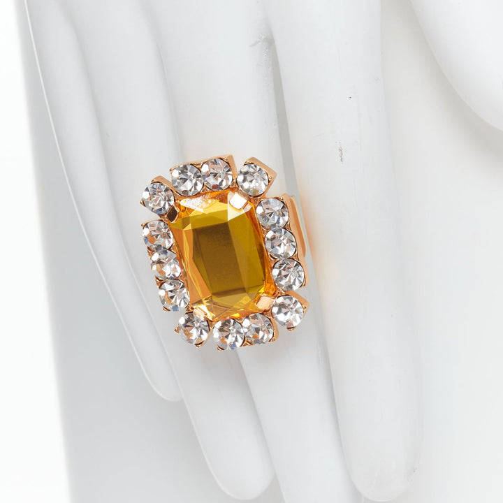 DRIES VAN NOTEN yellow big crystal clear gold tone setting cocktail ring