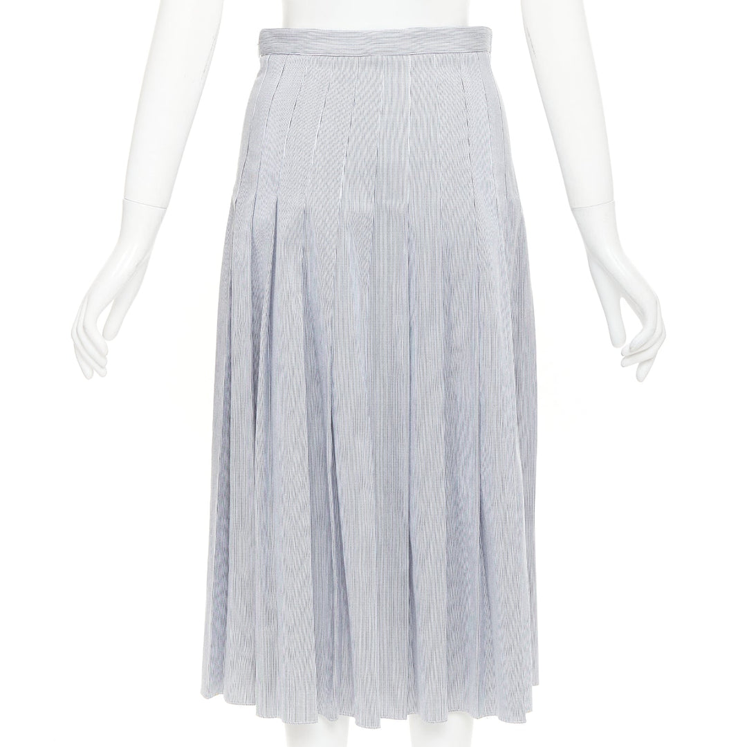 CELINE black white cotton striped box pleated high waist midi skirt FR36 S