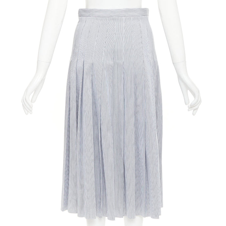CELINE black white cotton striped box pleated high waist midi skirt FR36 S