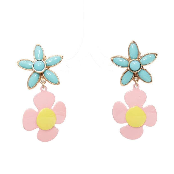 SAINT LAURENT 2021 Runway turquoise stone pink daisy enamel clip earrings Pair