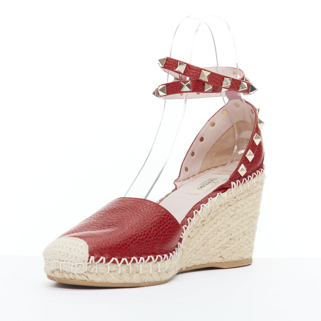 VALENTINO Rockstud 85 red leather jute espadrille wedge EU39