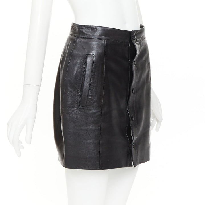 SAINT LAURENT 2018 black lambskin leather snap button mini skirt FR38 M