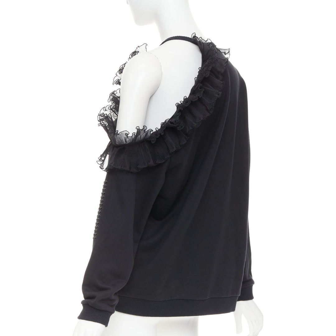 CHRISTOPHER KANE black cotton ruffle frill cut out shoulder studded sweatshirt S