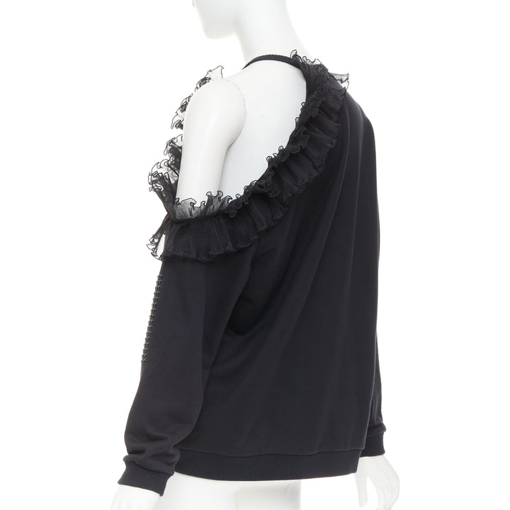 CHRISTOPHER KANE black cotton ruffle frill cut out shoulder studded sweatshirt S