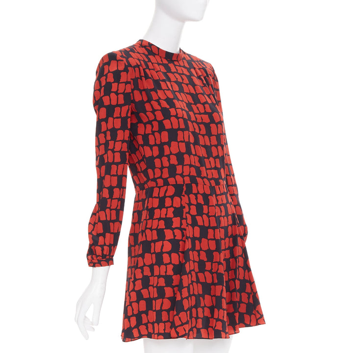 SAINT LAURENT 2012 red black geometric block silk shoulder padded dress FR34 XXS