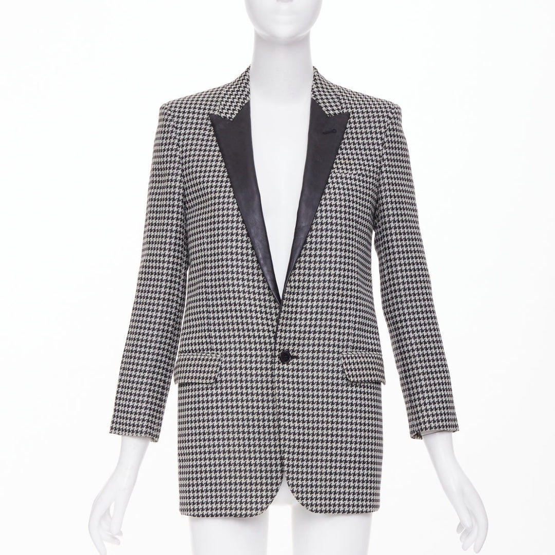 SAINT LAURENT 2013 leather peak lapel grey black houndstooth blazer FR34 XS