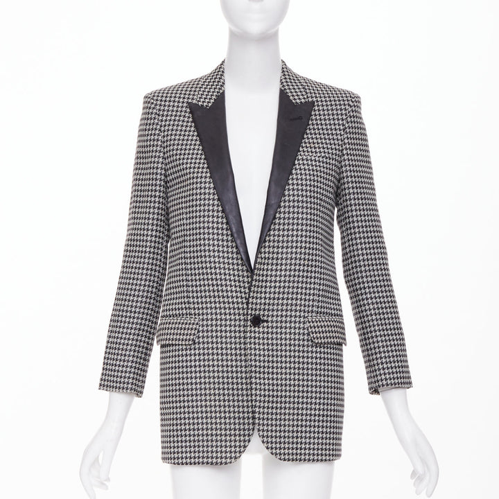 SAINT LAURENT 2013 leather peak lapel grey black houndstooth blazer FR34 XS