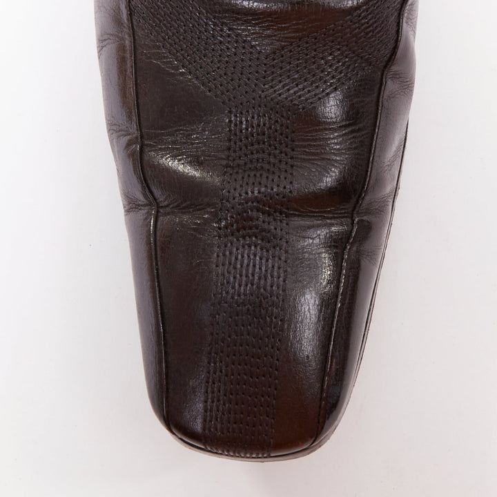 YVES SAINT LAURENT dark brown leather Y overstitch square toe loafers UK7 EU41