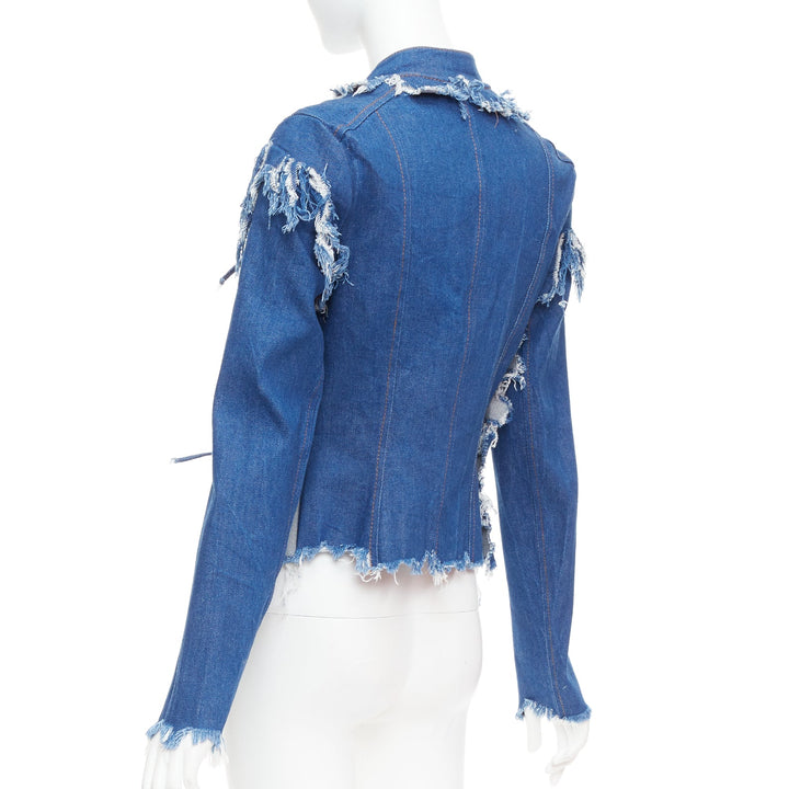 LADO BAKUCHAVA blue distressed shredded denim tie front jacket XS