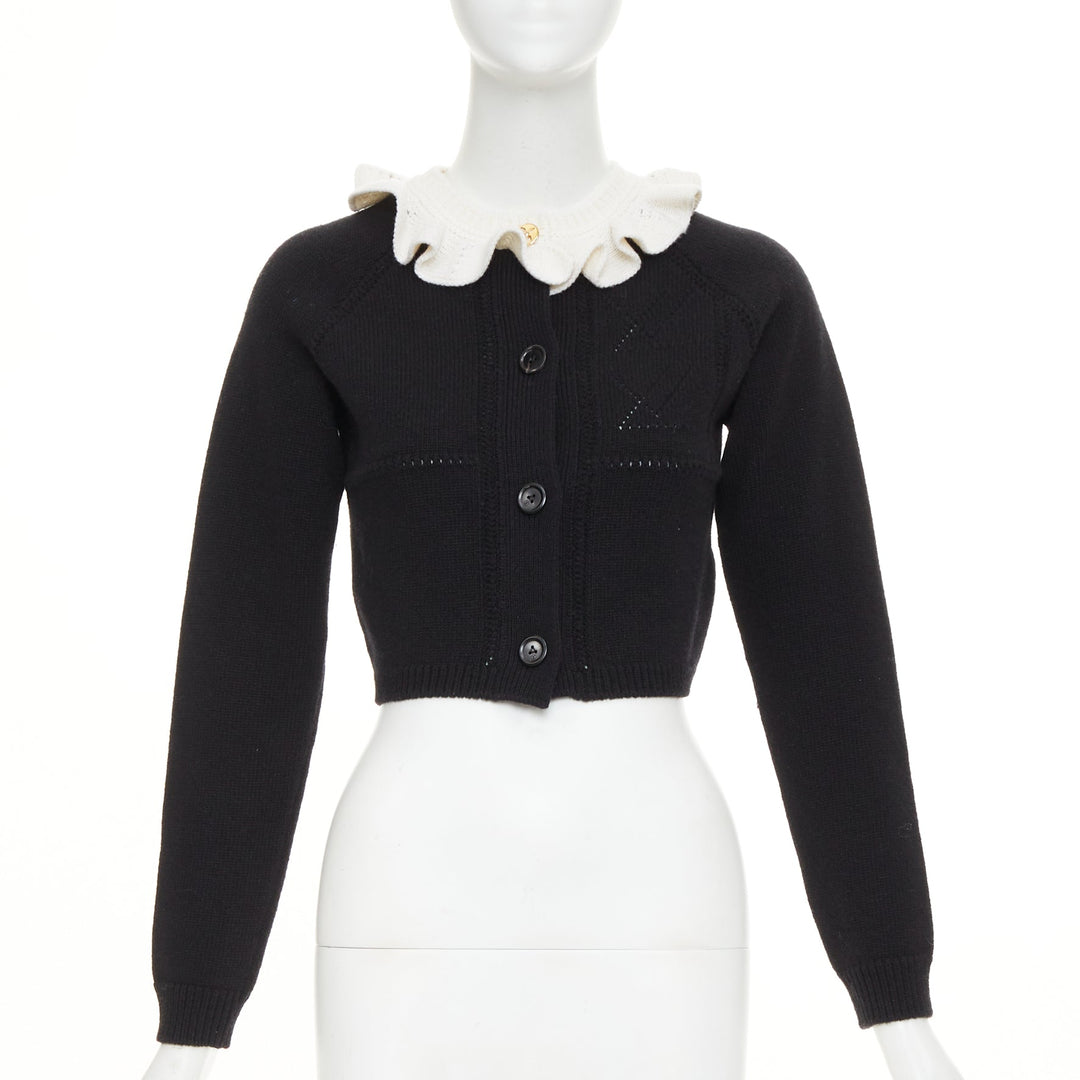 LOUIS VUITTON 2026 black cream wool blend ruffle collar gold button cardigan XXS