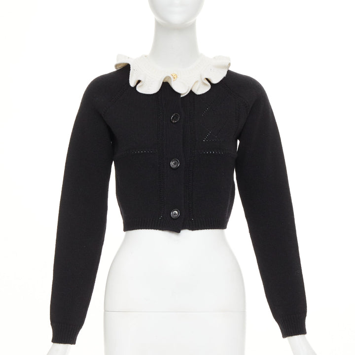 LOUIS VUITTON 2026 black cream wool blend ruffle collar gold button cardigan XXS