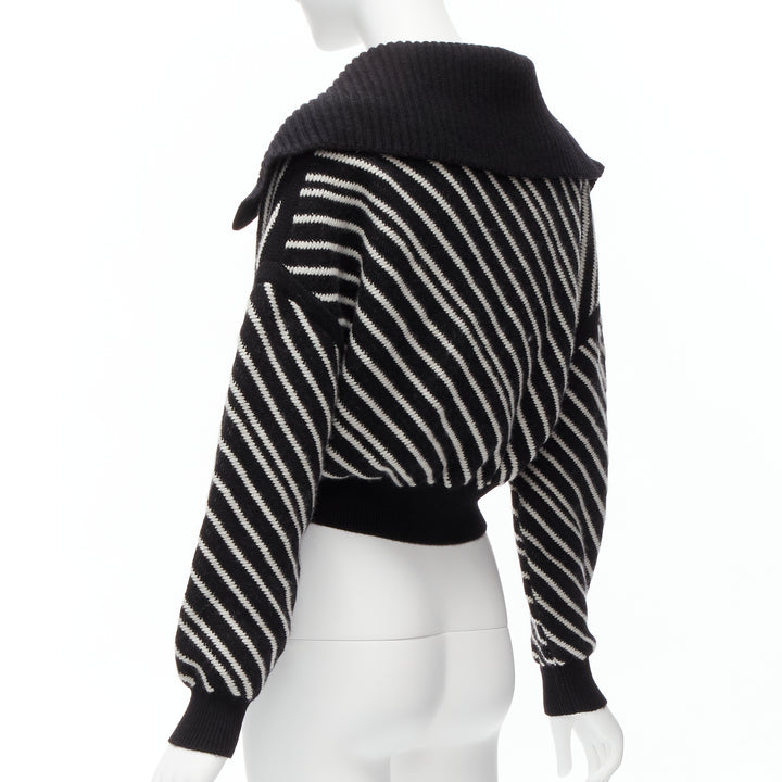 CHANEL 100% cashmere black white stripe CC crystal logo cropped sweater FR34 XS