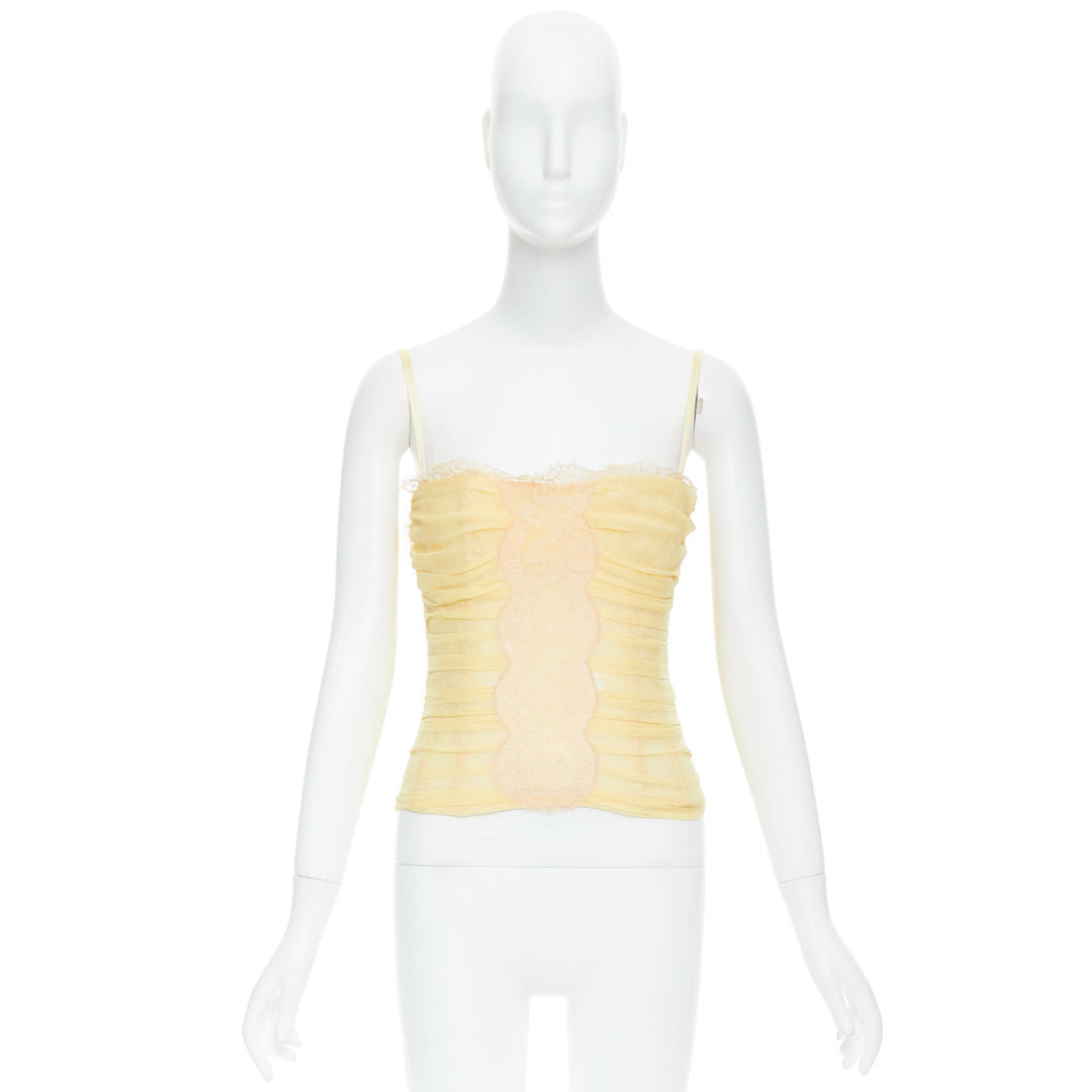 DOLCE GABBANA Vintage yellow silk blend nude lace trim corset bustier IT40 S