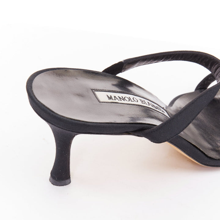 MANOLO BLAHNIK black grosgrain ribbon straps leather spool slipper heels EU37