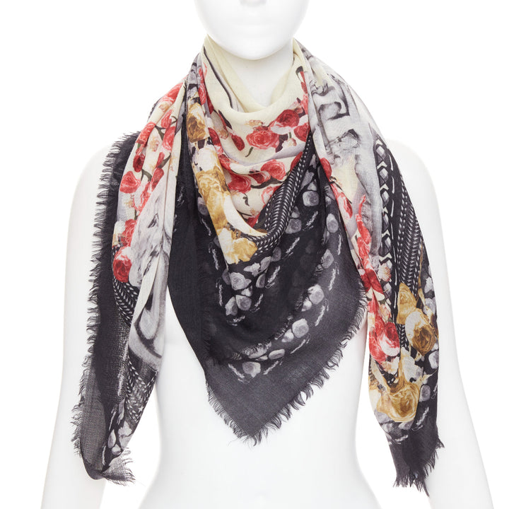 GIVENCHY Riccardo Tisci black red cream wool rose print fringed trim scarf