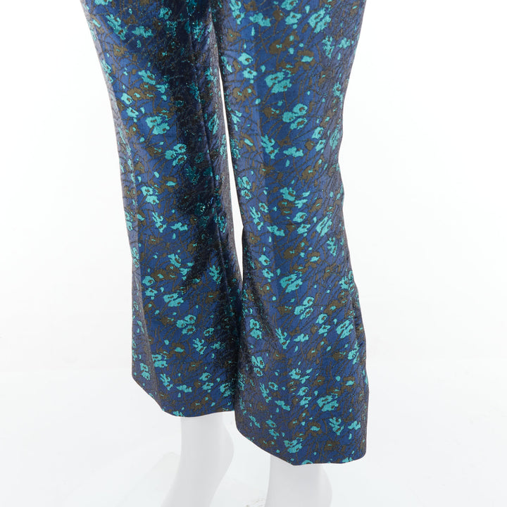 PRADA metallic blue green floral lurex brocade crop pants trousers IT38 XS