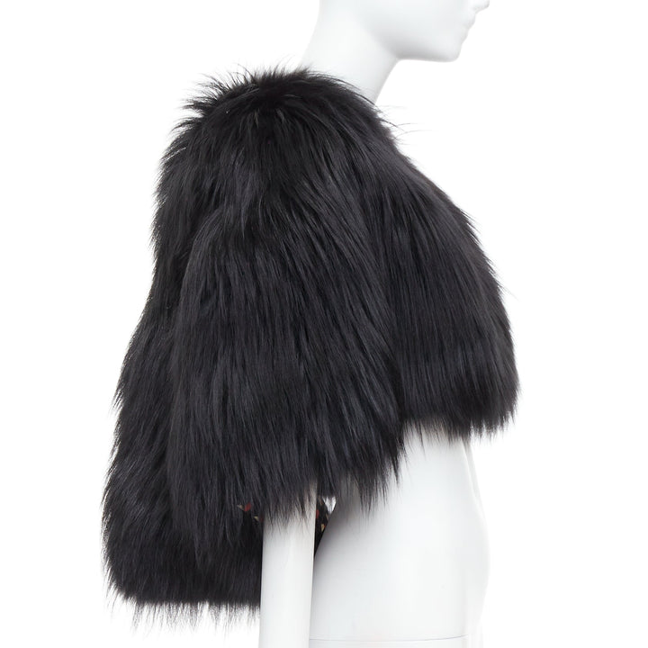 LOUIS VUITTON black fox fur leather belt heart lined cape shawl FR34 XS