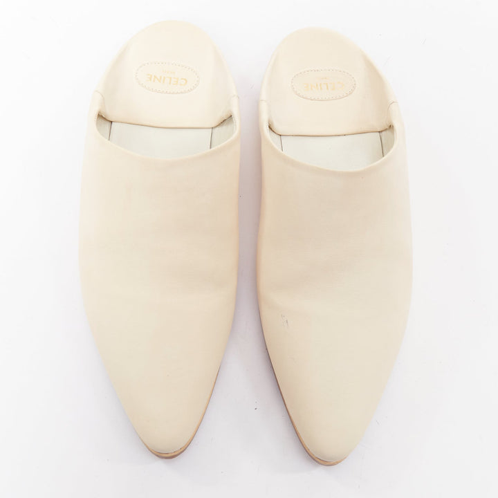 CELINE 2020 Janco Babouche off white leather gold logo step back slipper EU37