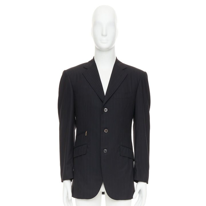 ZILLI PARIS black 100% wool pinstripe 3 buttons zip pocket blazer FR48 M