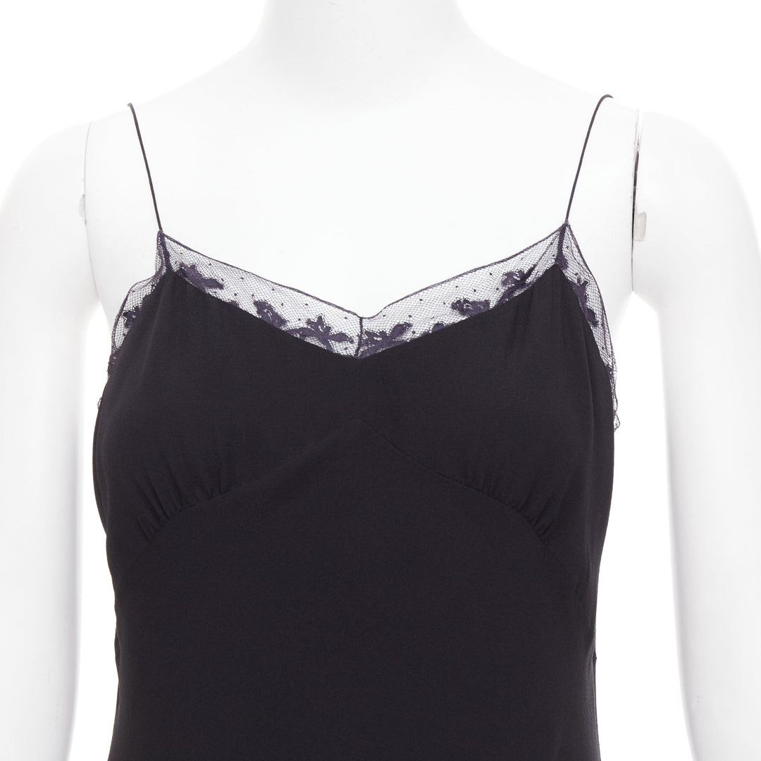 THE ROW Santi 100% silk crepe black fluid lace trim knee length slip dress US2 S