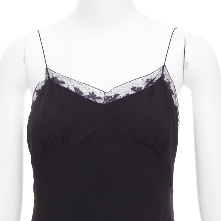 THE ROW Santi 100% silk crepe black fluid lace trim knee length slip dress US2 S